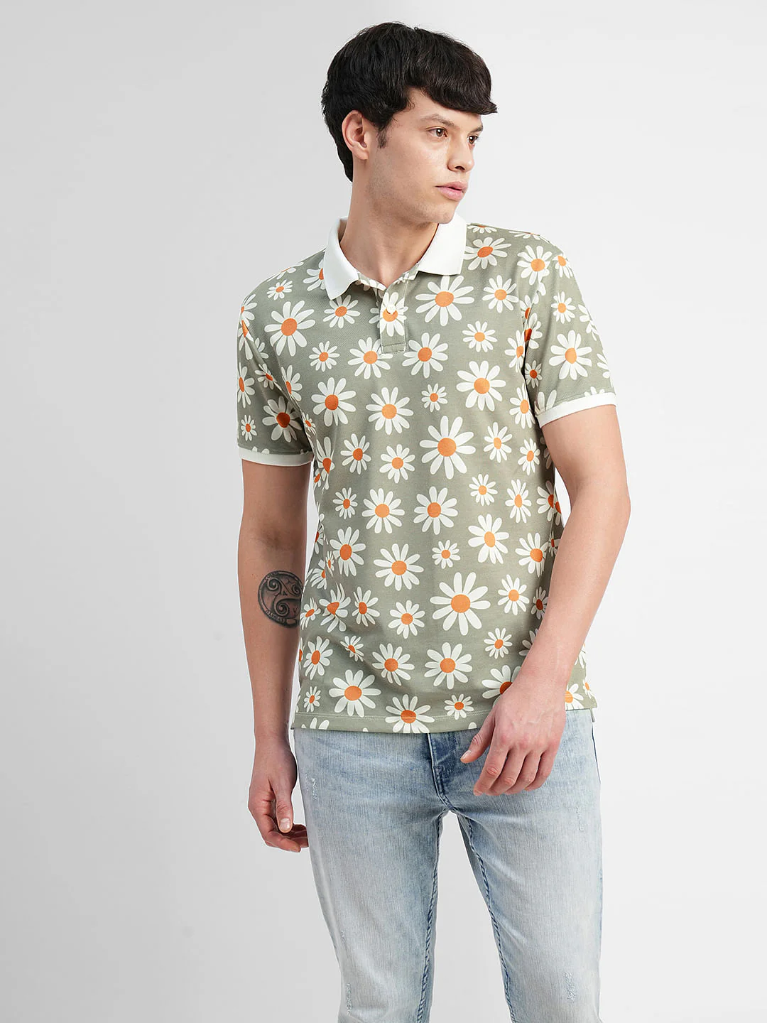 White Floral Print Polo Neck T-shirt - Image 2