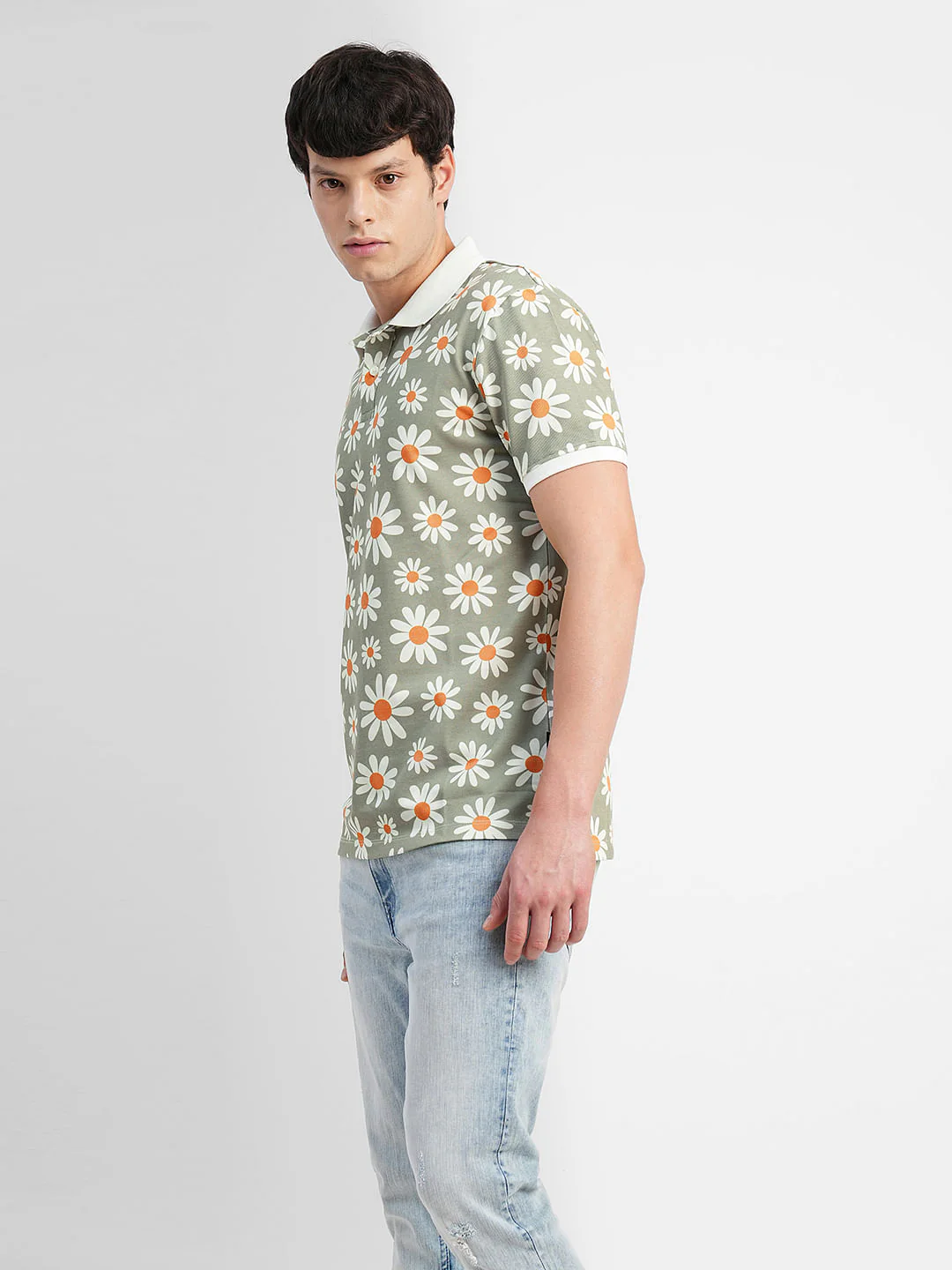 White Floral Print Polo Neck T-shirt - Image 3