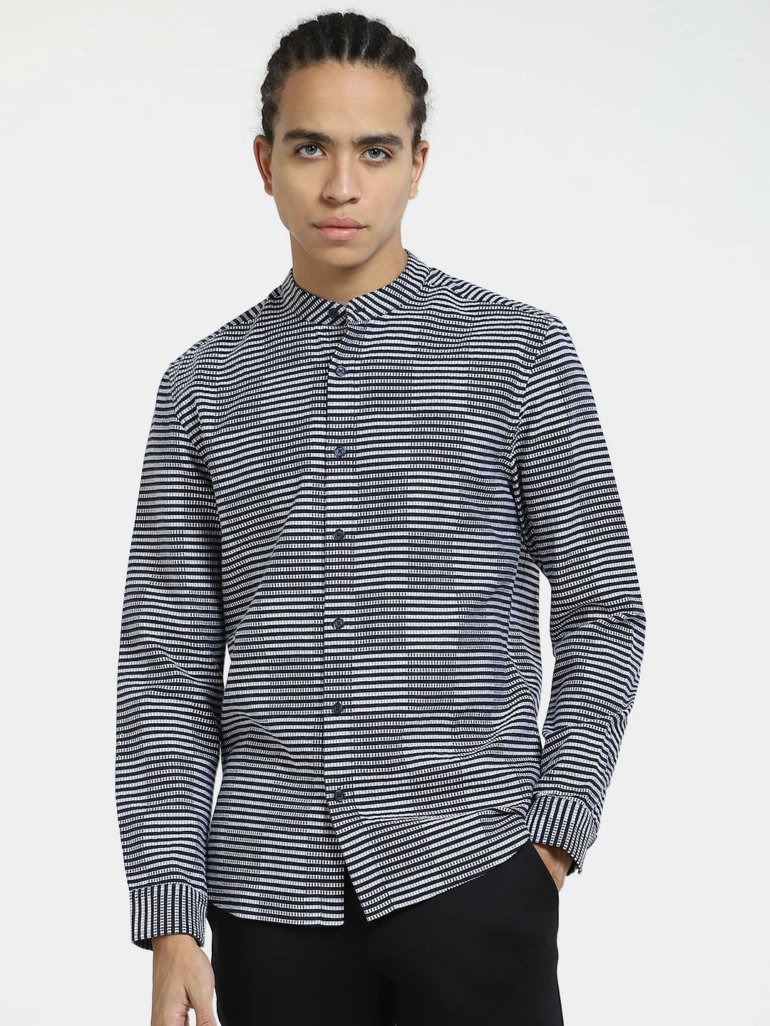 Grey Striped Full Sleeves Shirt - Image 2