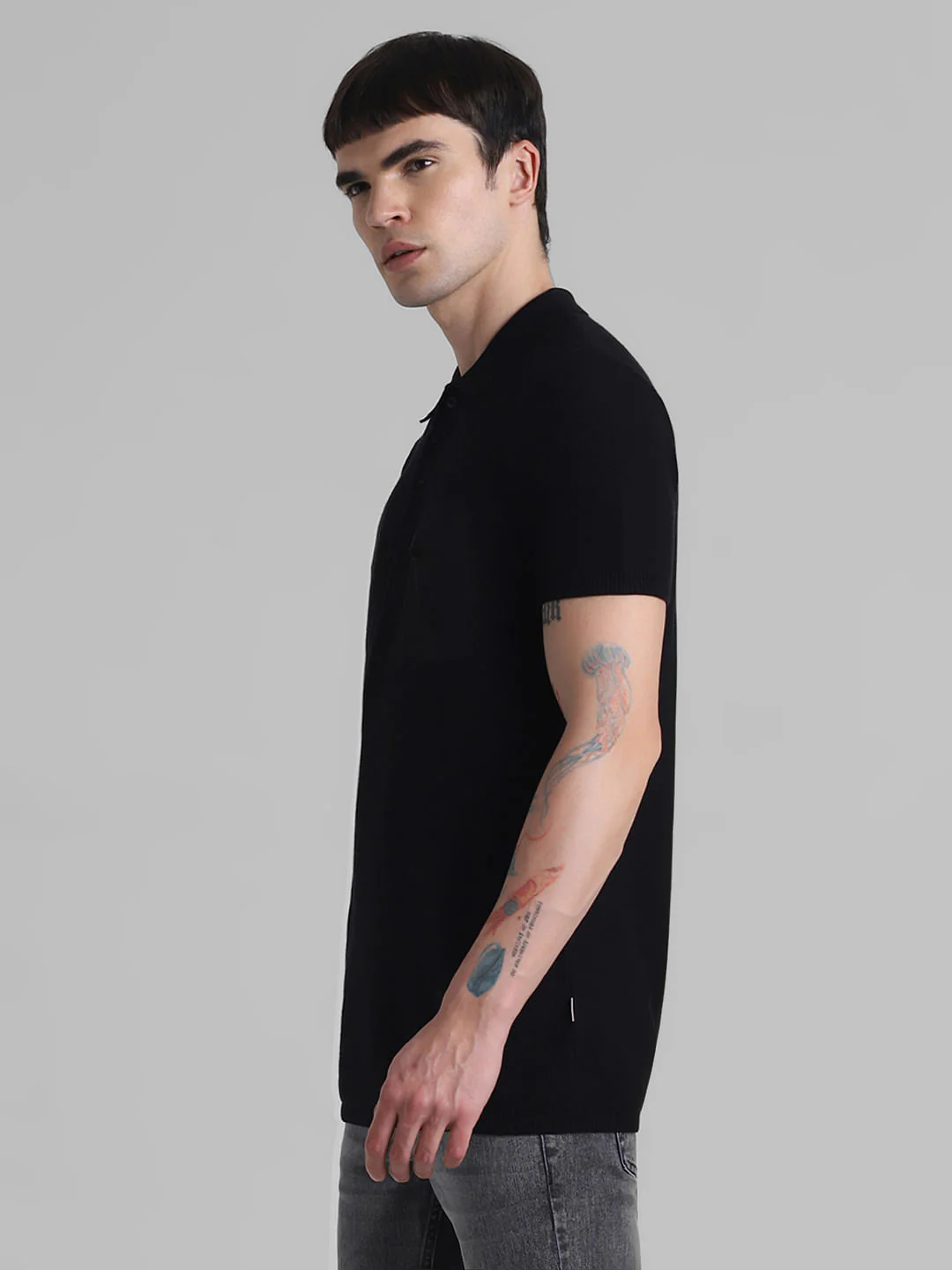 Black Cotton Knit Polo T-shirt - Image 3