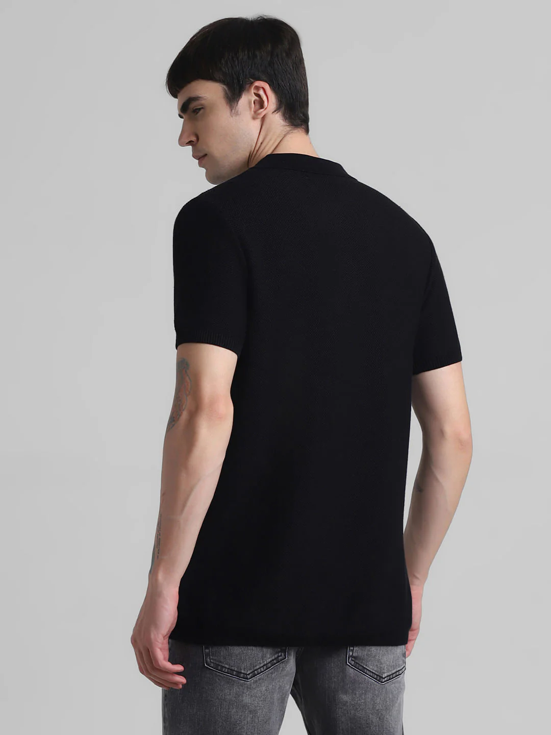 Black Cotton Knit Polo T-shirt - Image 4