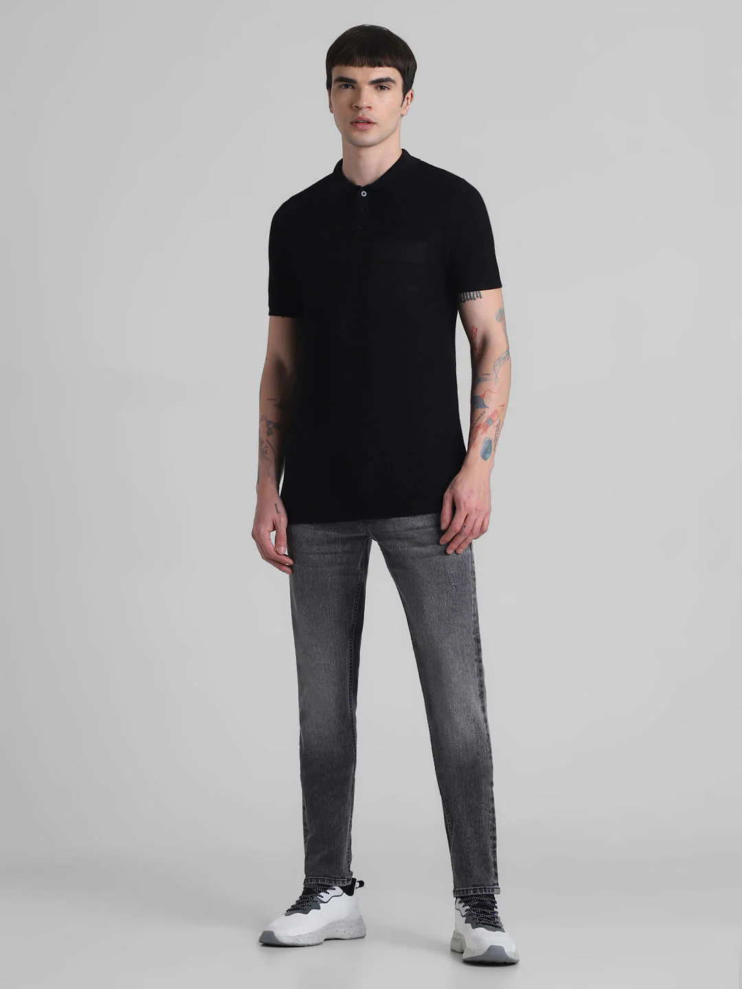 Black Cotton Knit Polo T-shirt - Image 6