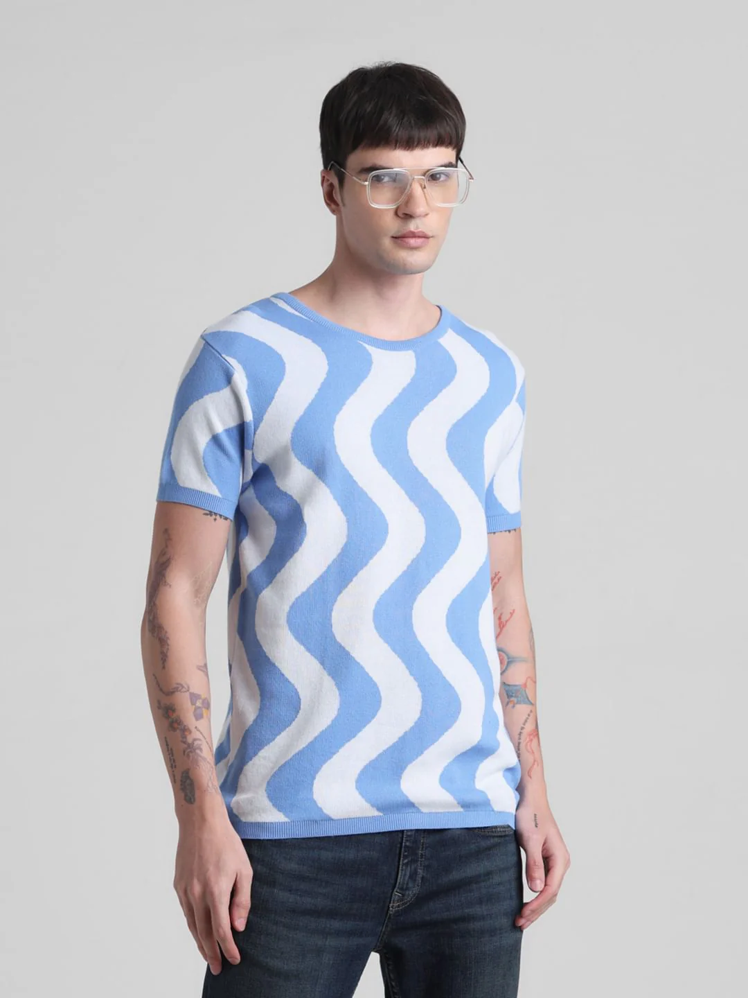 Blue Printed Jacquard Knit T-shirt