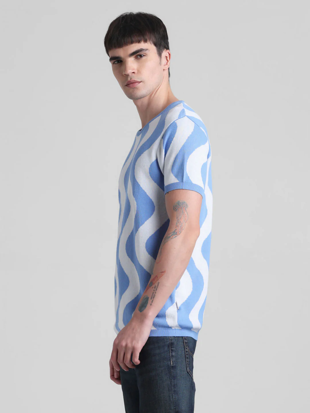 Blue Printed Jacquard Knit T-shirt - Image 3