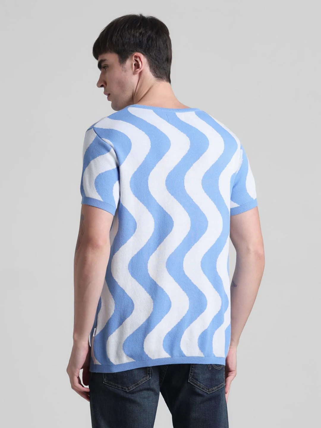 Blue Printed Jacquard Knit T-shirt - Image 4