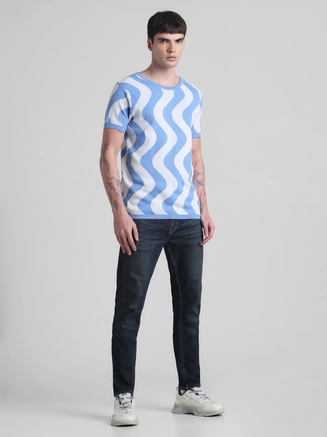Blue Printed Jacquard Knit T-shirt - Image 6