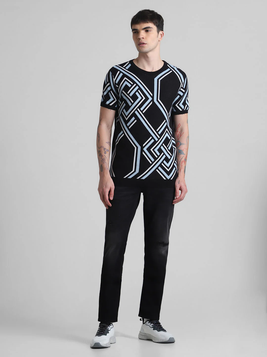 Black Printed Jacquard Knit T-shirt - Image 6