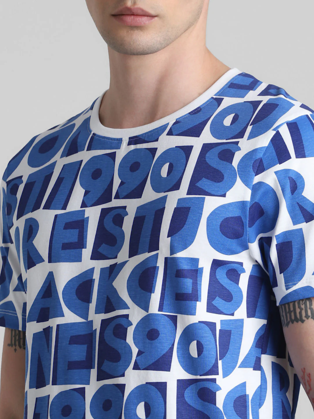 Blue Typographic Print Crew Neck T-shirt - Image 5