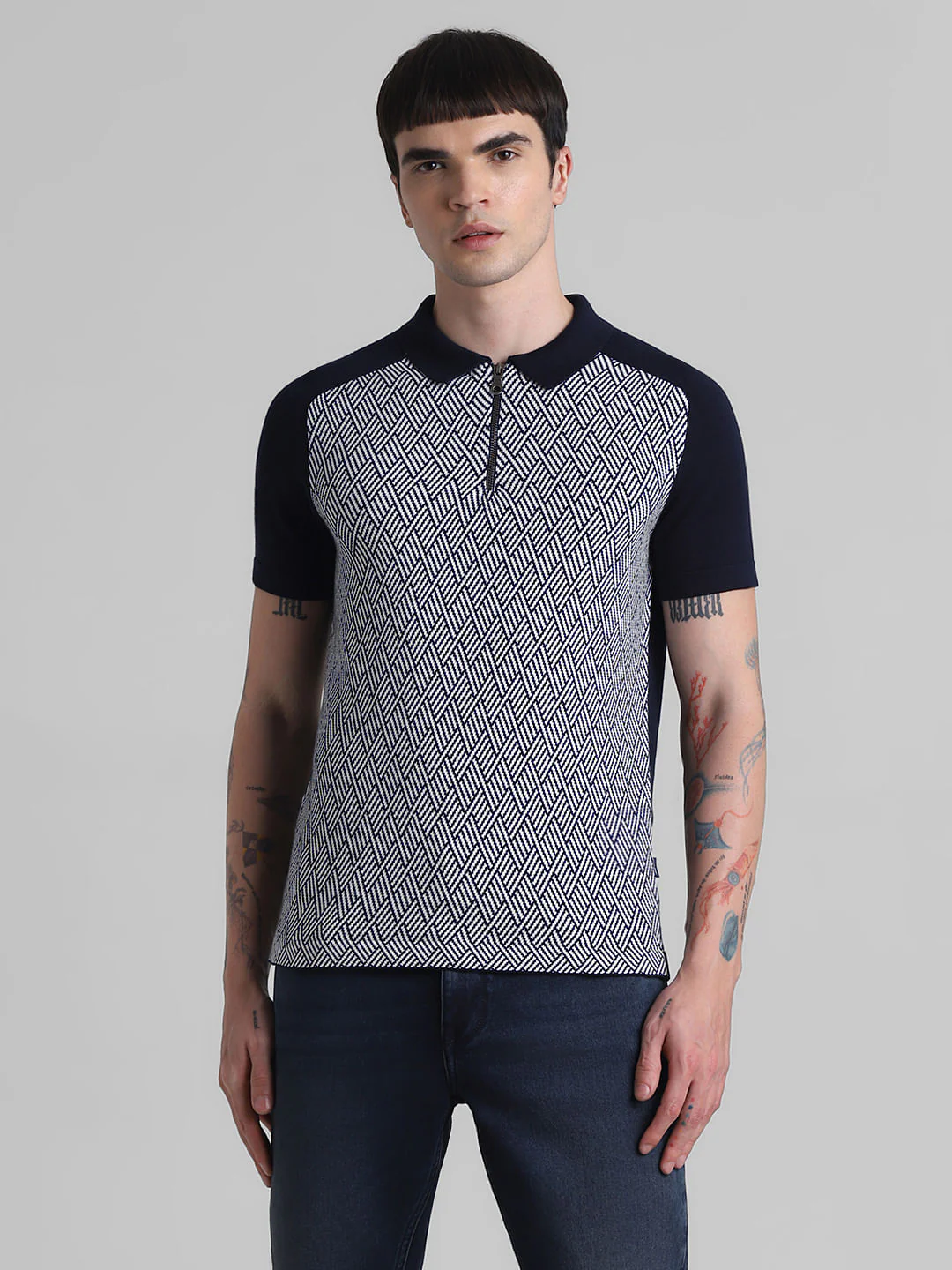 Blue Printed Zip Detail Knitted Polo - Image 2