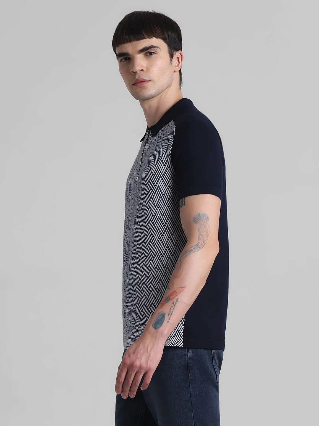 Blue Printed Zip Detail Knitted Polo - Image 3