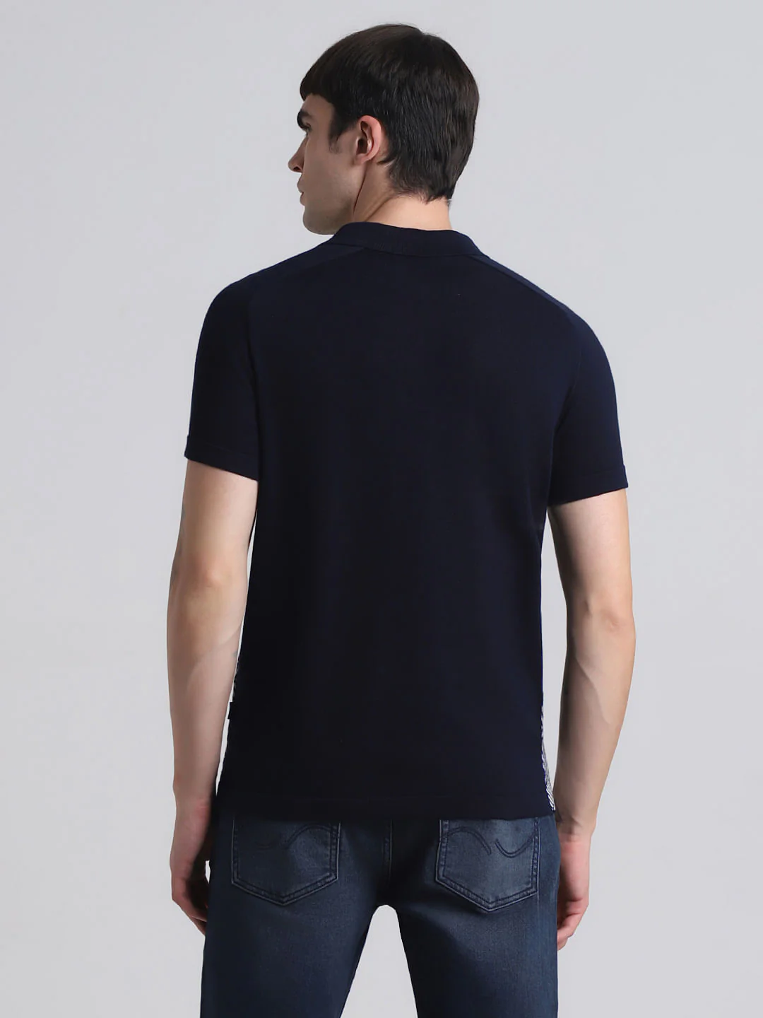 Blue Printed Zip Detail Knitted Polo - Image 4