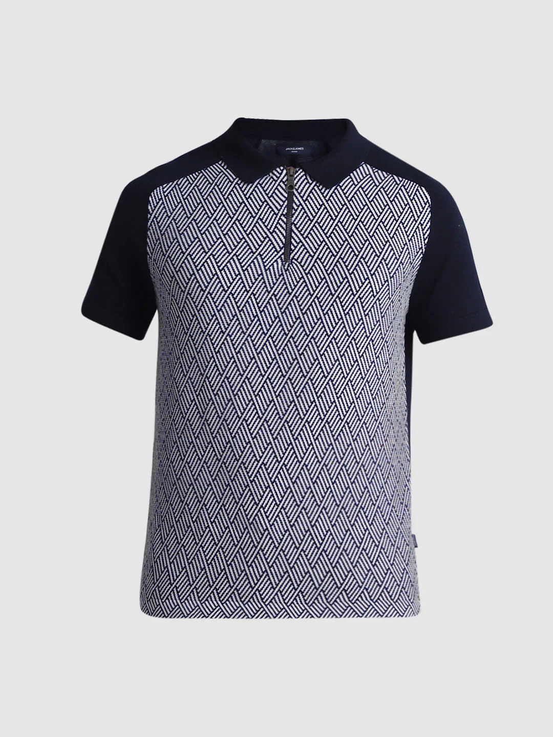 Blue Printed Zip Detail Knitted Polo - Image 7