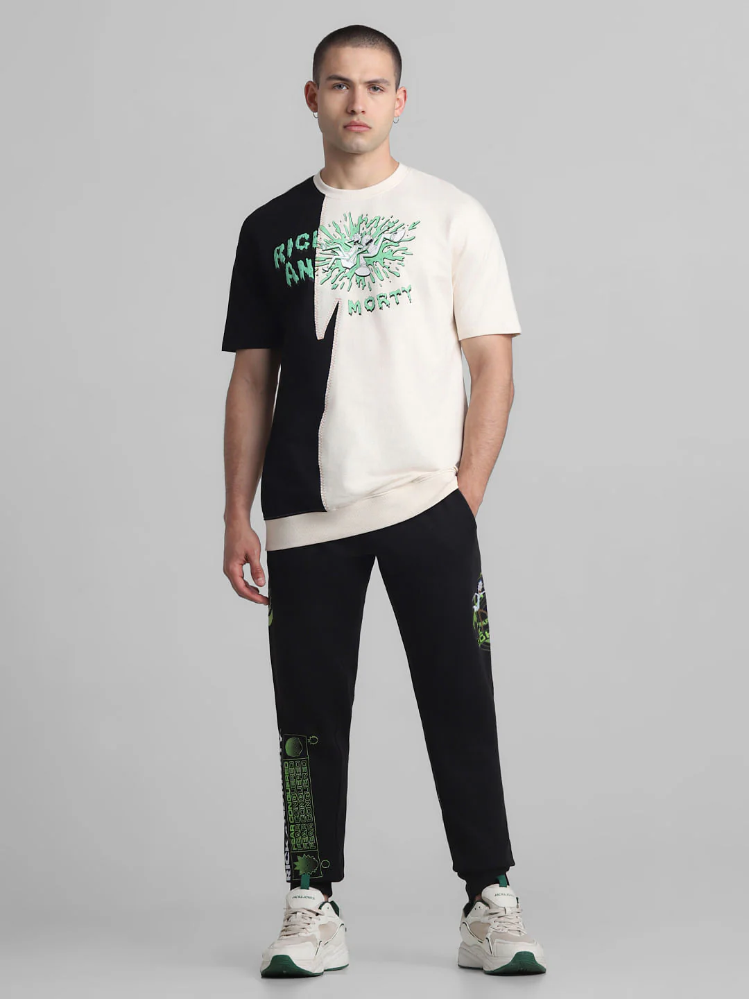 RICK & MORTY Cream Colourblocked Oversized T-shirt - Image 6