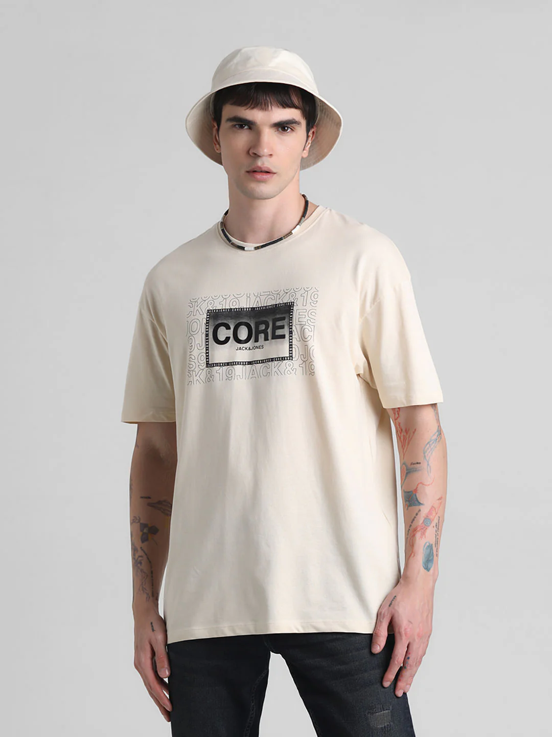 Beige Logo Oversized Crew Neck T-shirt