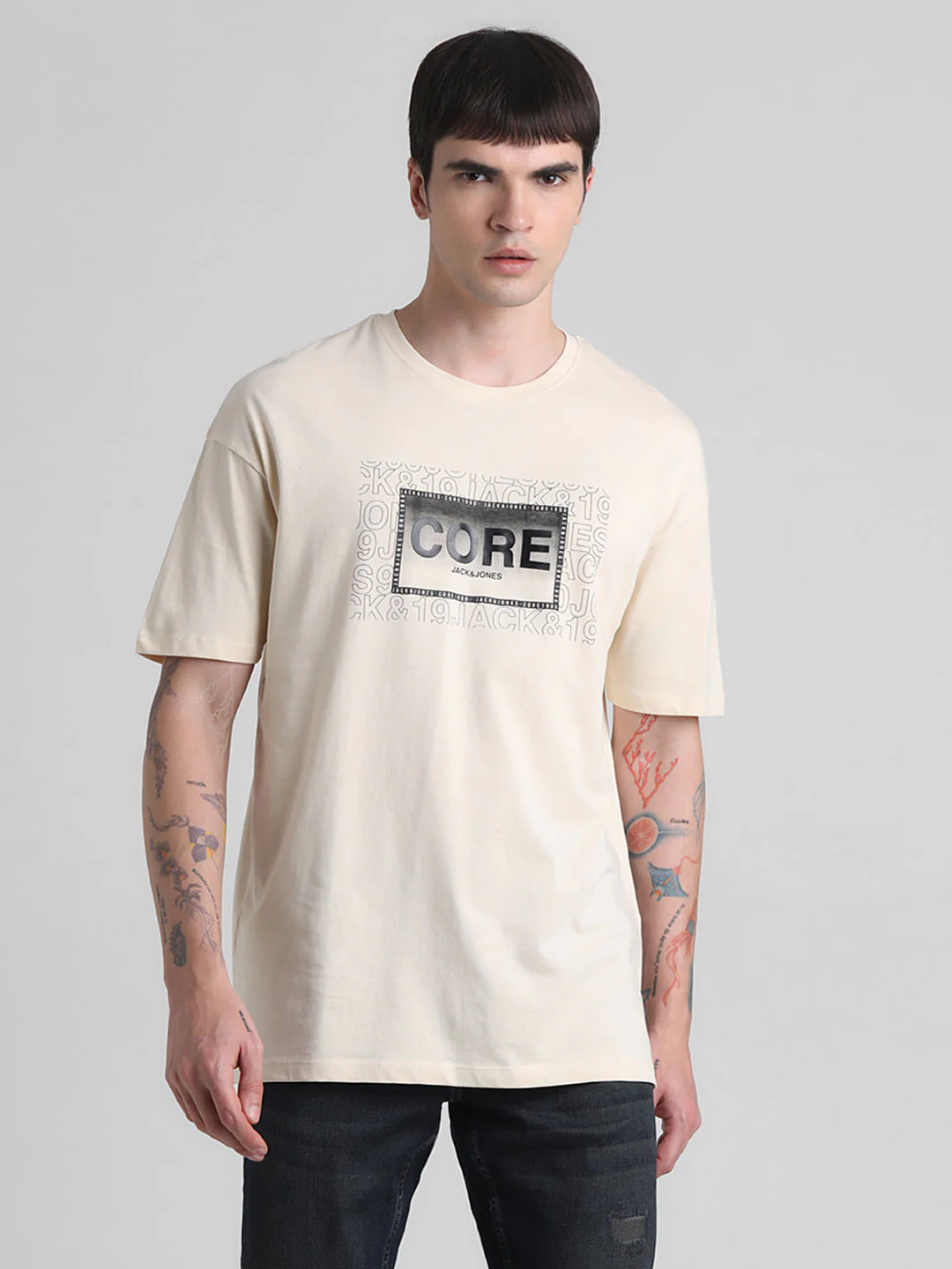 Beige Logo Oversized Crew Neck T-shirt - Image 2