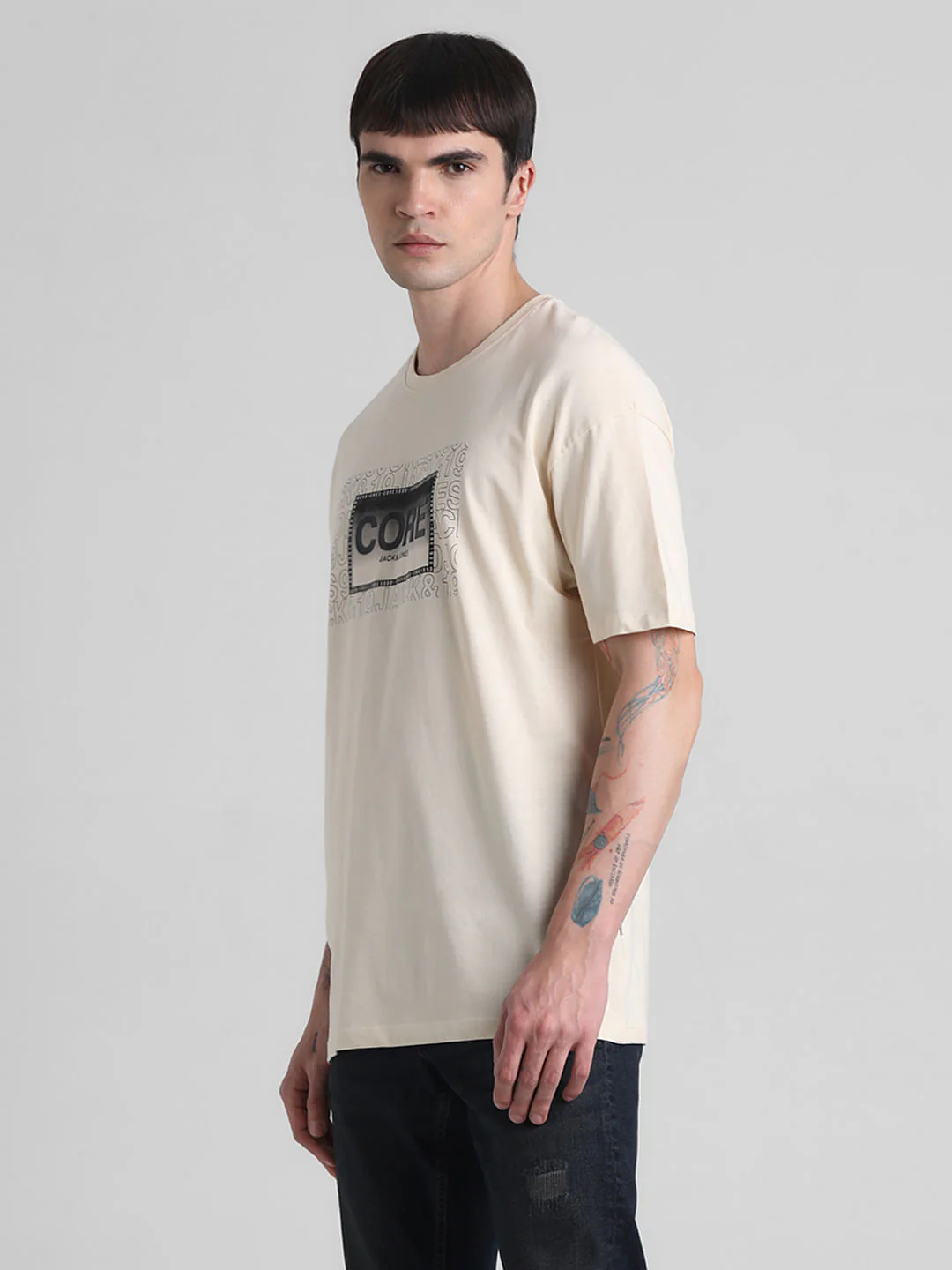 Beige Logo Oversized Crew Neck T-shirt - Image 3