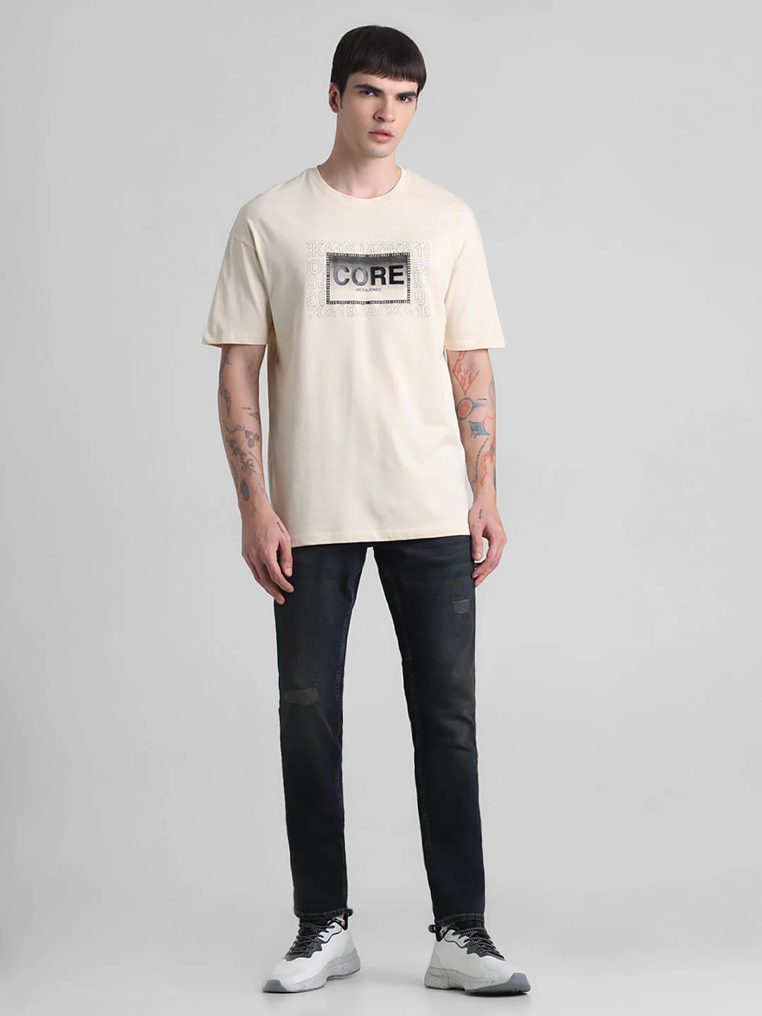 Beige Logo Oversized Crew Neck T-shirt - Image 6