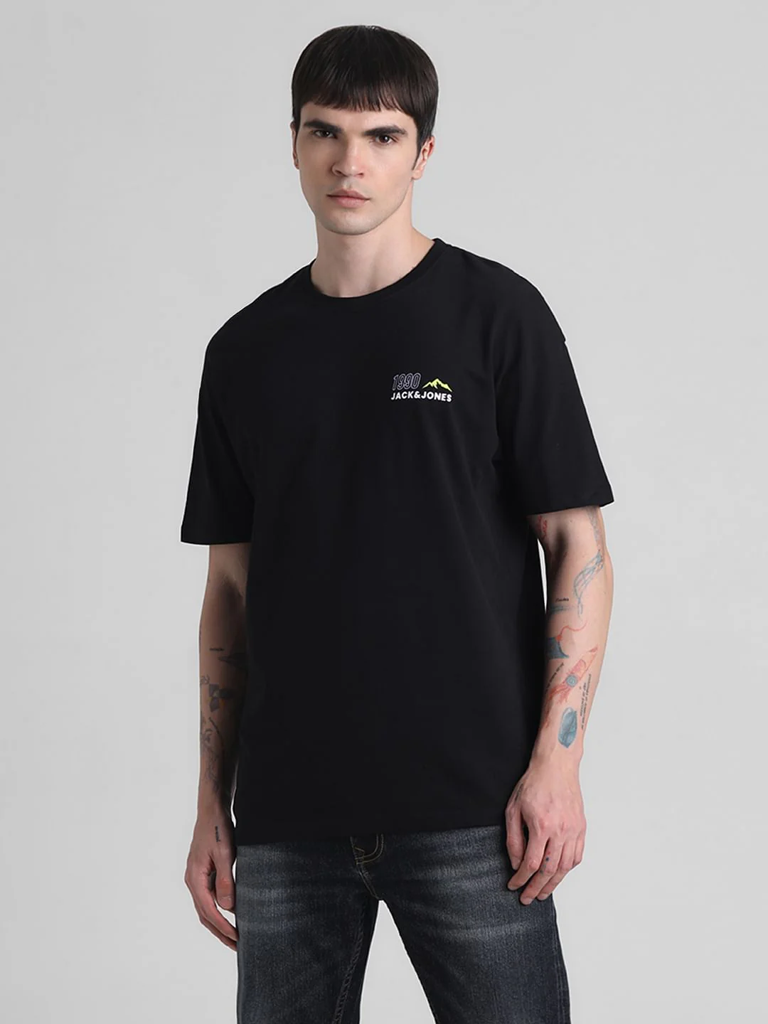 Black Printed Oversized Crew Neck T-shirt - Image 2