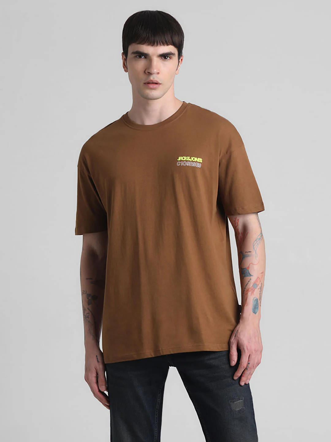 Brown Printed Oversized Crew Neck T-shirt - Image 2