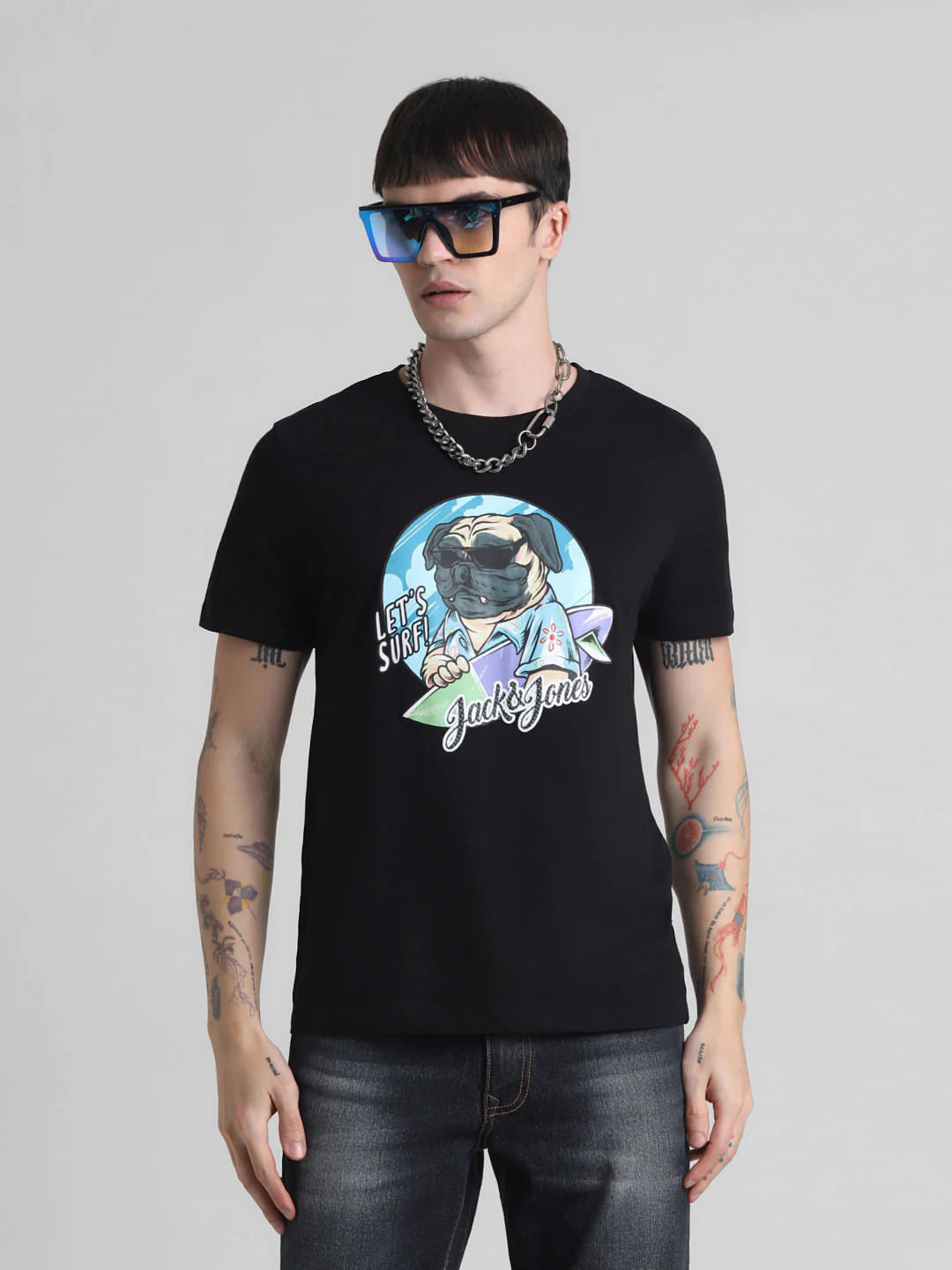 Black Doggo Print Crew Neck T-shirt