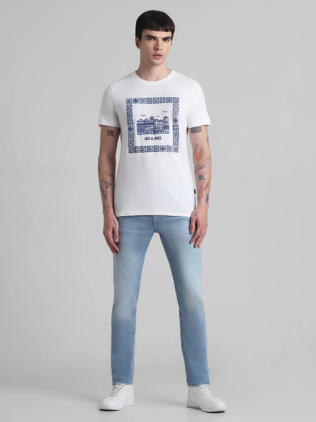 White Printed Crew Neck T-shirt - Image 6