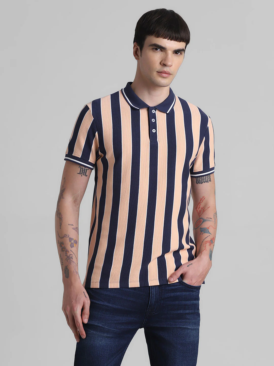 Peach Striped Polo T-shirt - Image 2