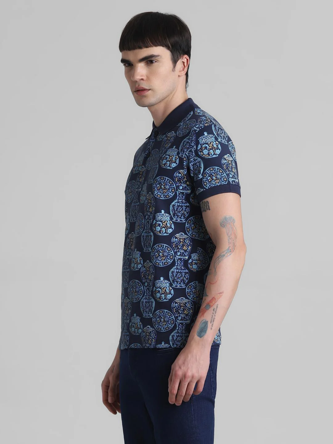Blue Printed Polo T-shirt - Image 3