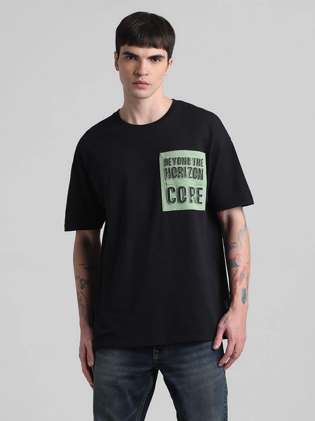 Black Applique Print Oversized Crew Neck T-shirt - Image 2