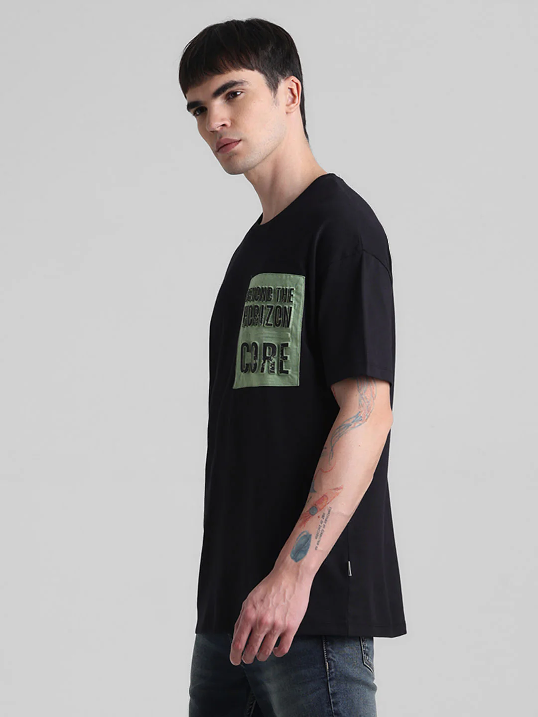 Black Applique Print Oversized Crew Neck T-shirt - Image 3