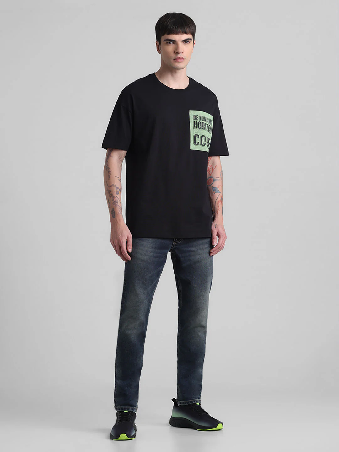 Black Applique Print Oversized Crew Neck T-shirt - Image 6