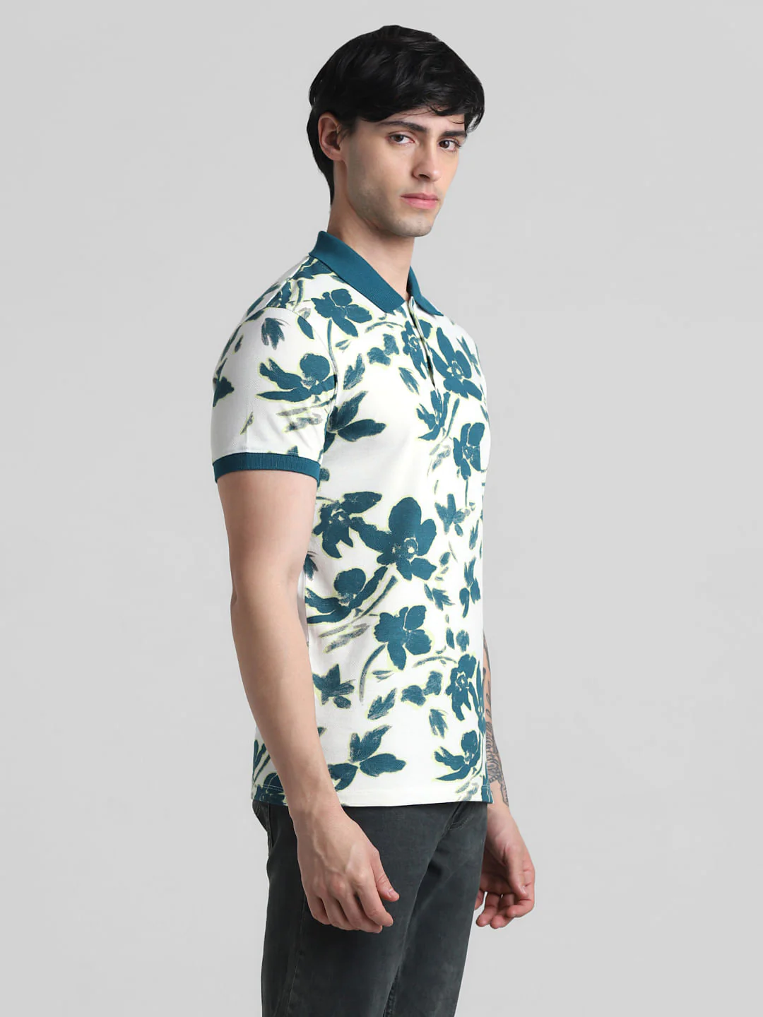White Floral Print Polo T-Shirt - Image 3