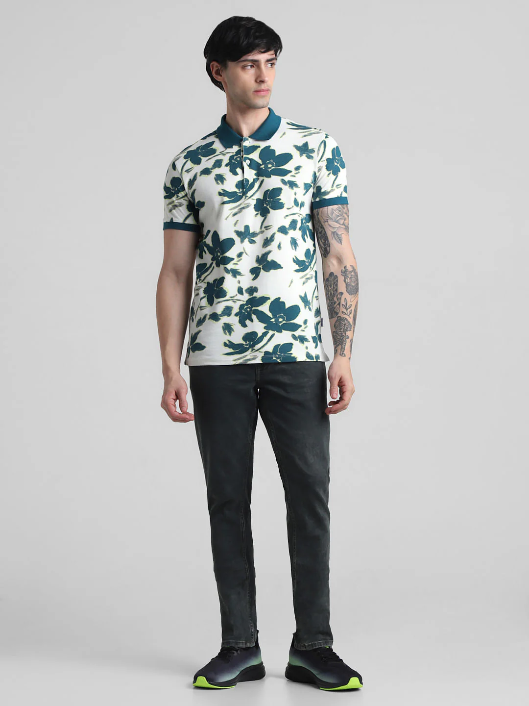 White Floral Print Polo T-Shirt - Image 6