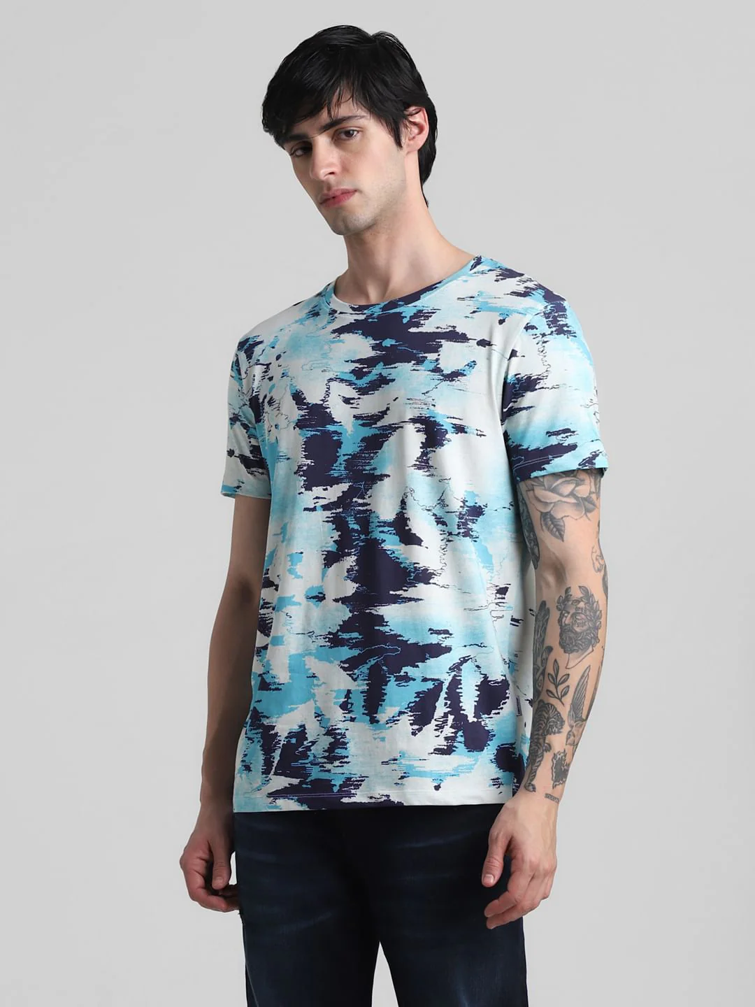 Blue Printed Crew Neck T-Shirt - Image 2