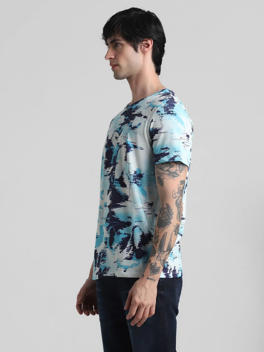 Blue Printed Crew Neck T-Shirt - Image 3