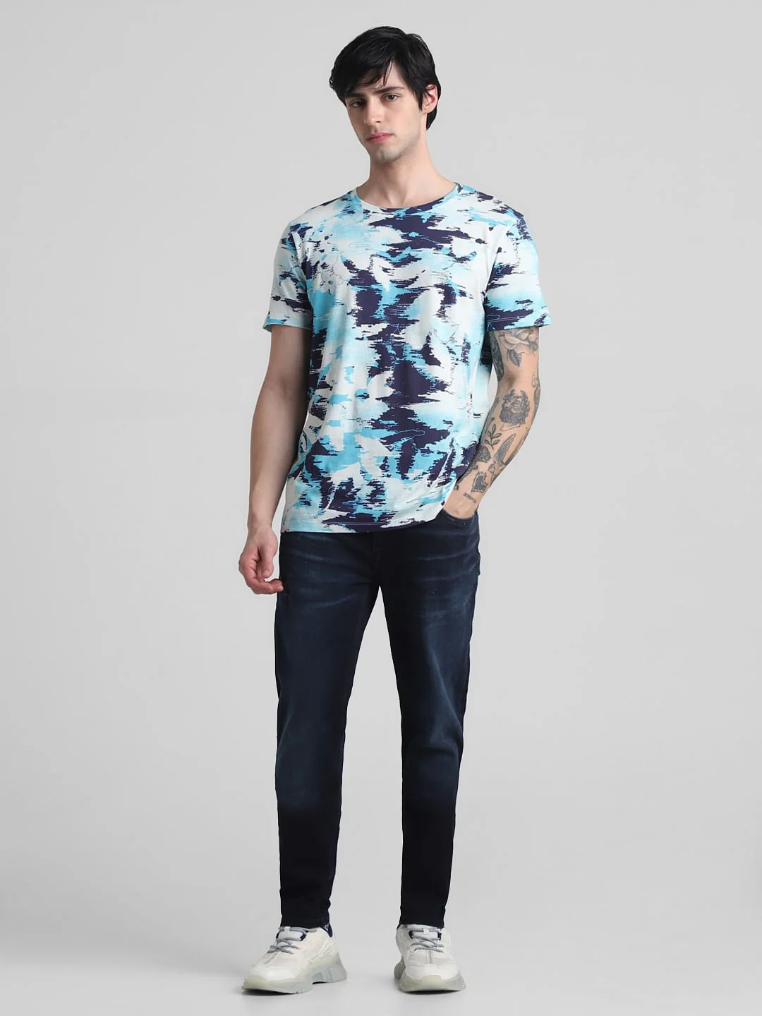 Blue Printed Crew Neck T-Shirt - Image 6