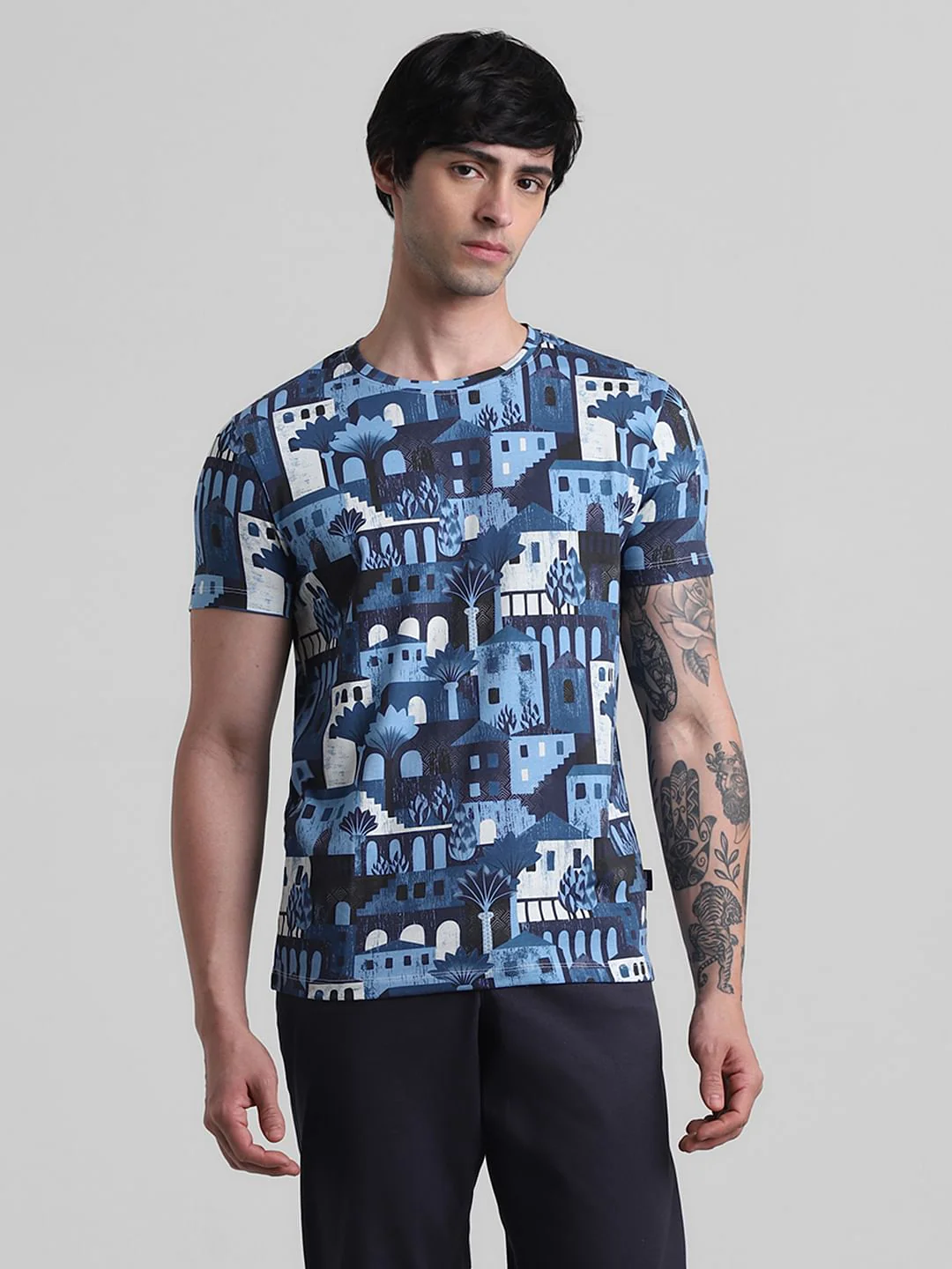 Blue Printed Crew Neck T-shirt - Image 2