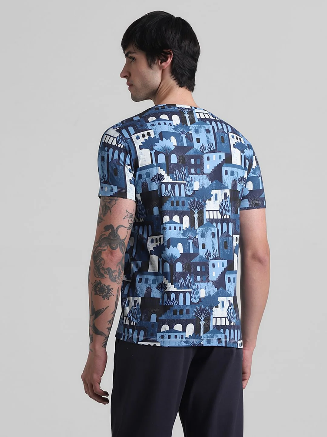 Blue Printed Crew Neck T-shirt - Image 4