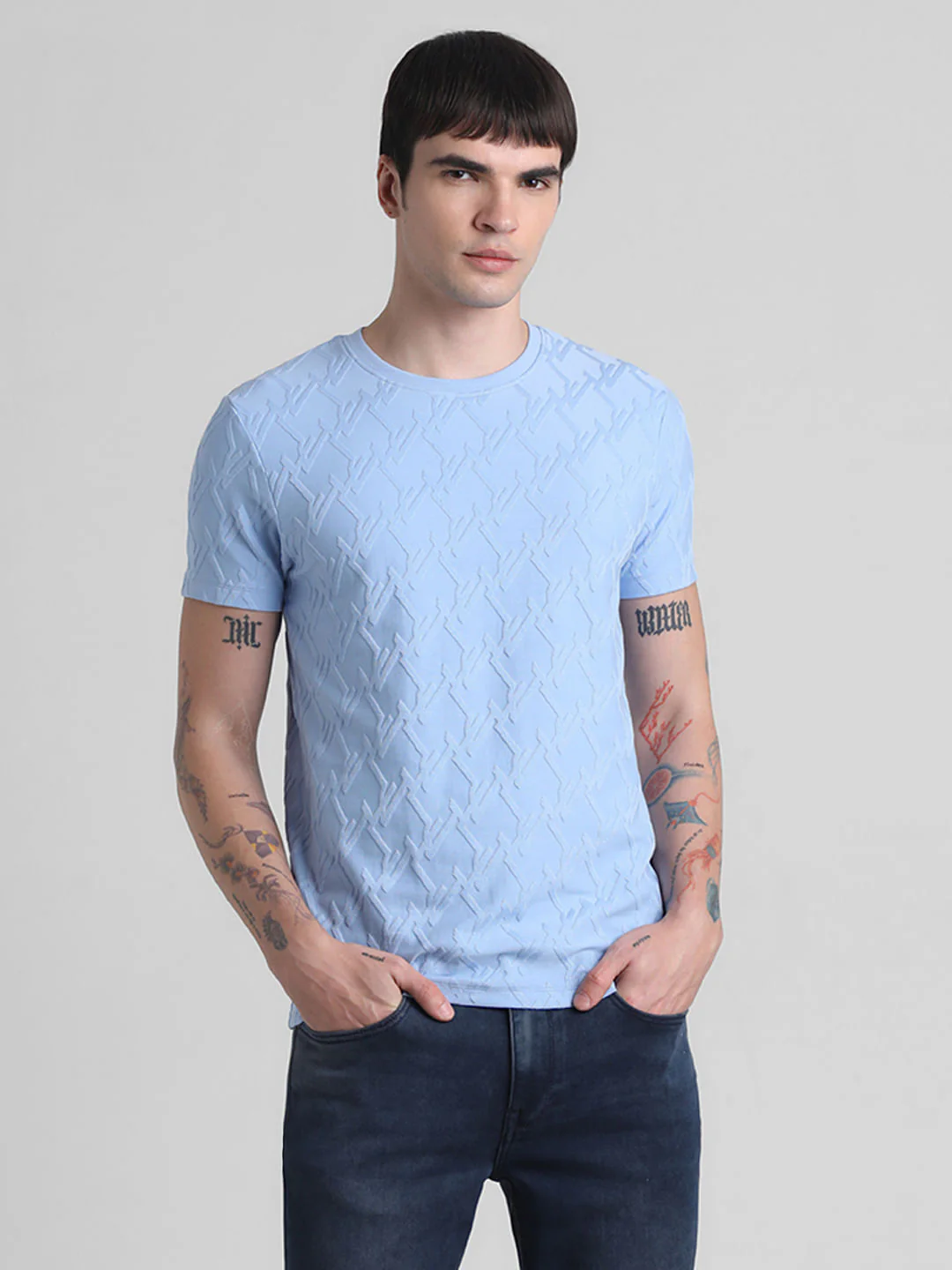Blue Jacquard Crew Neck T-shirt - Image 2