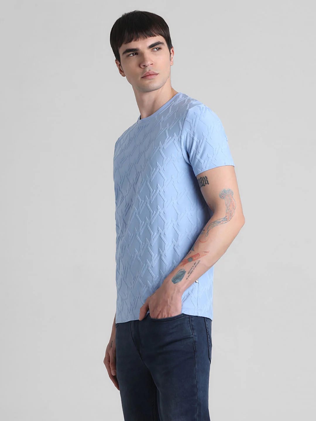 Blue Jacquard Crew Neck T-shirt - Image 3