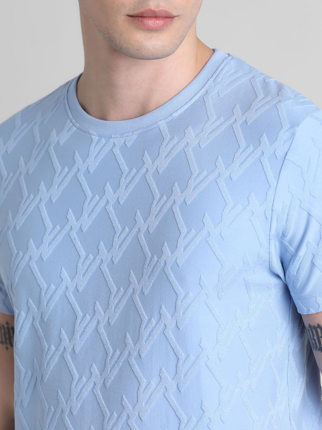 Blue Jacquard Crew Neck T-shirt - Image 5