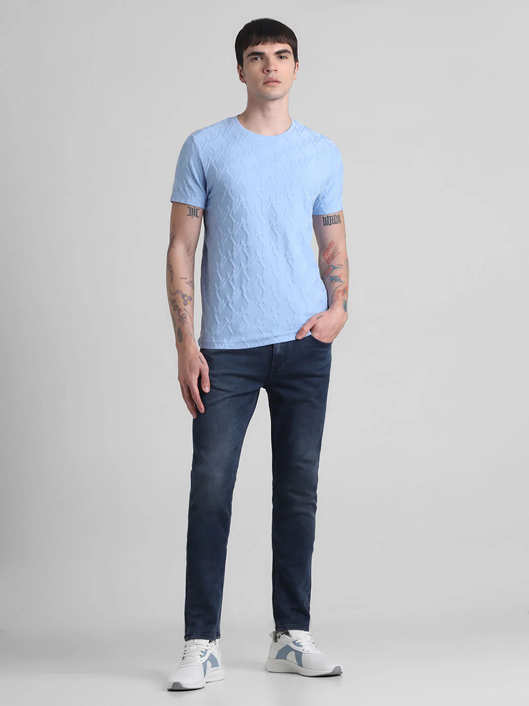 Blue Jacquard Crew Neck T-shirt - Image 6