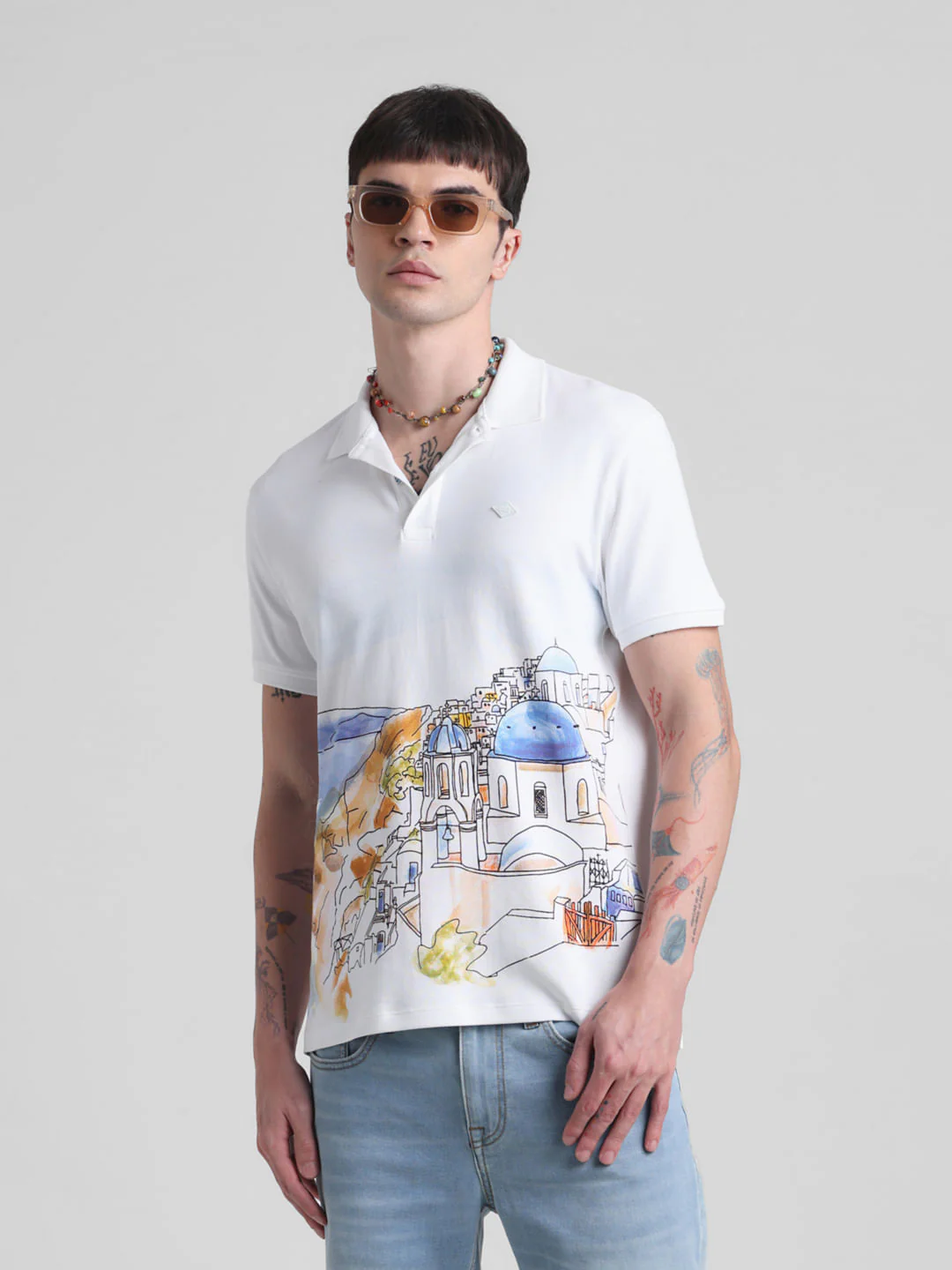 White Greece Print Polo T-shirt