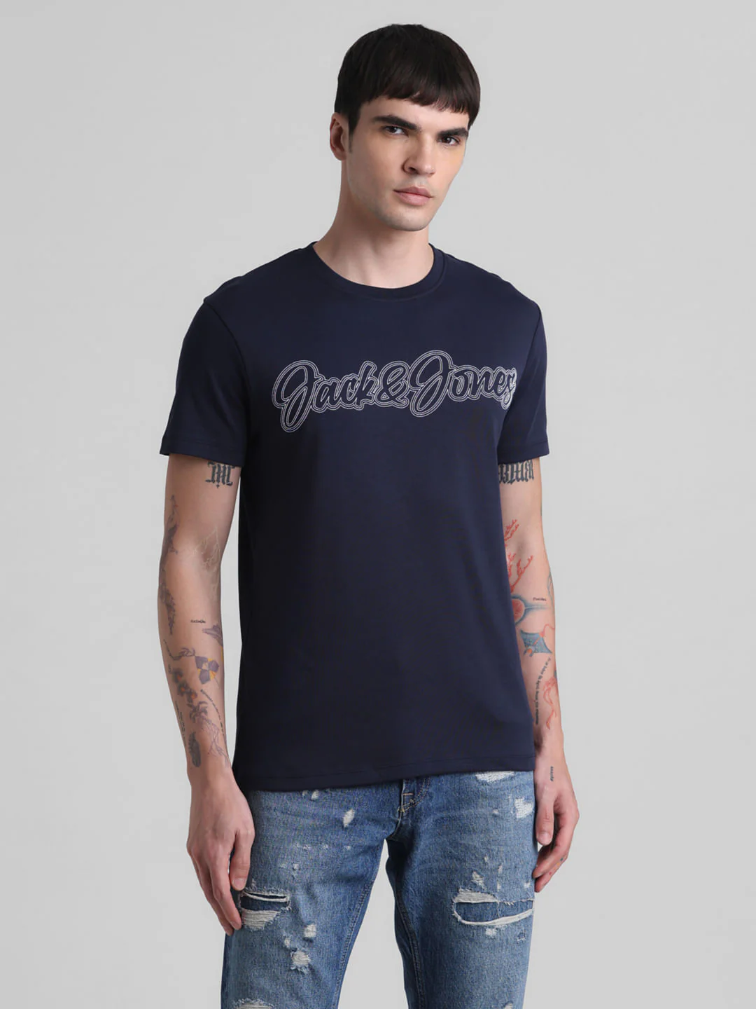 Navy Blue Logo Print Crew Neck T-shirt - Image 2