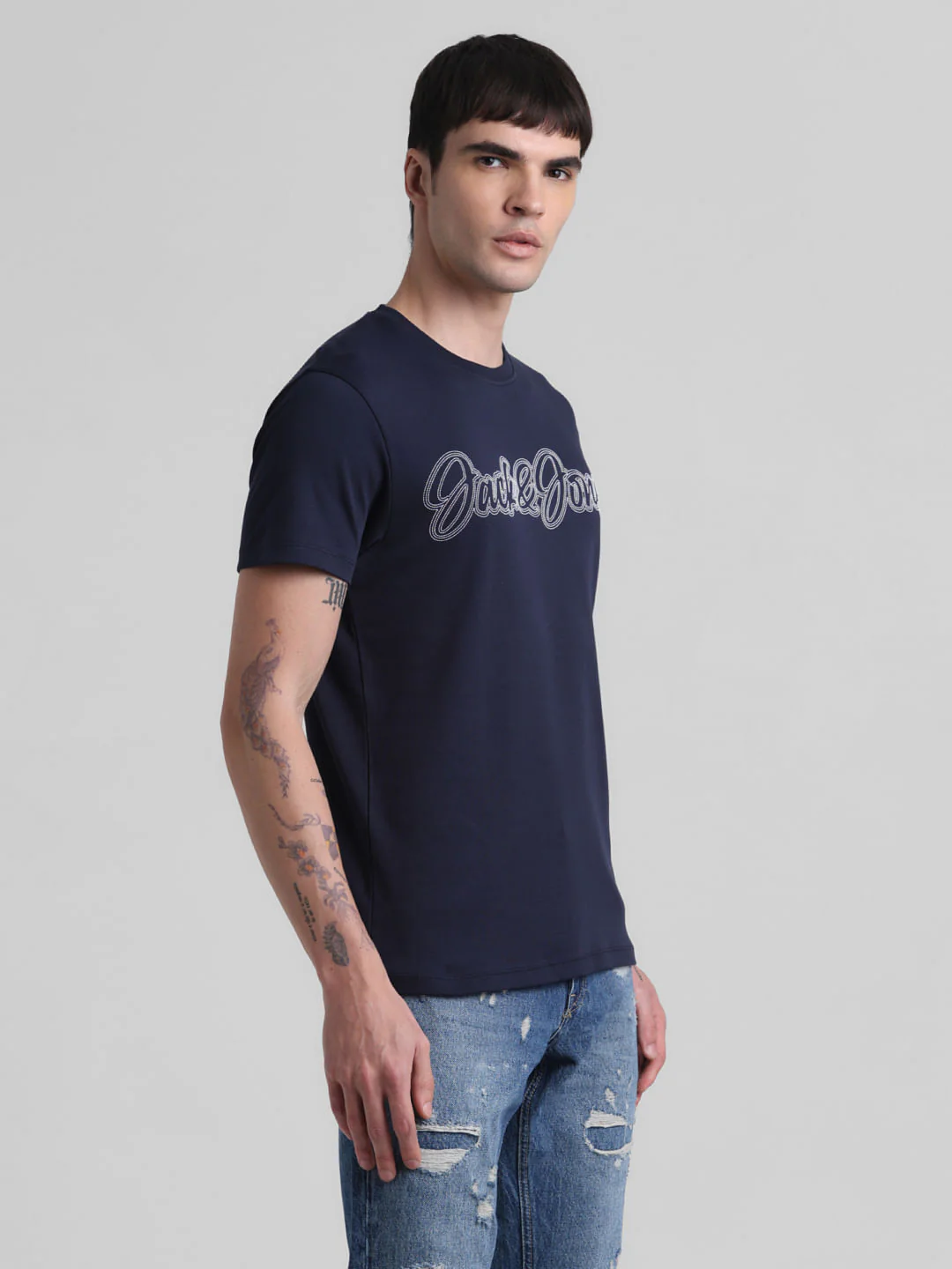 Navy Blue Logo Print Crew Neck T-shirt - Image 3