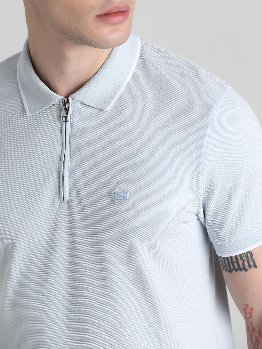 Light Blue Zip Detail Polo T-shirt - Image 5