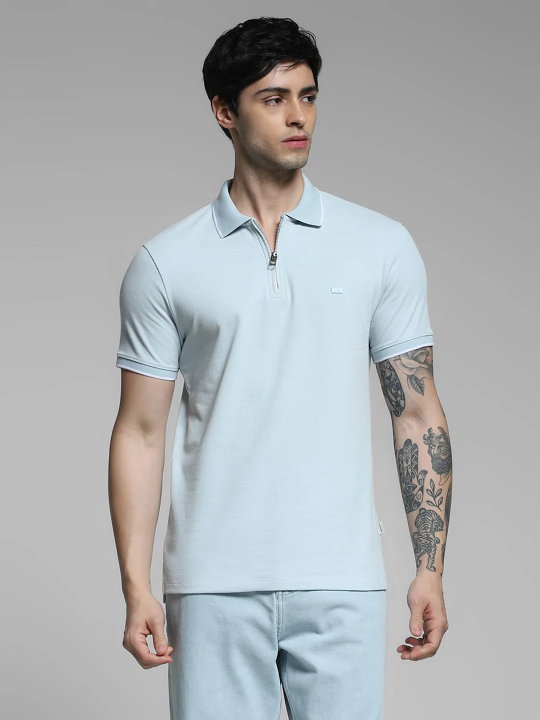 Light Blue Zip Detail Polo - Image 2