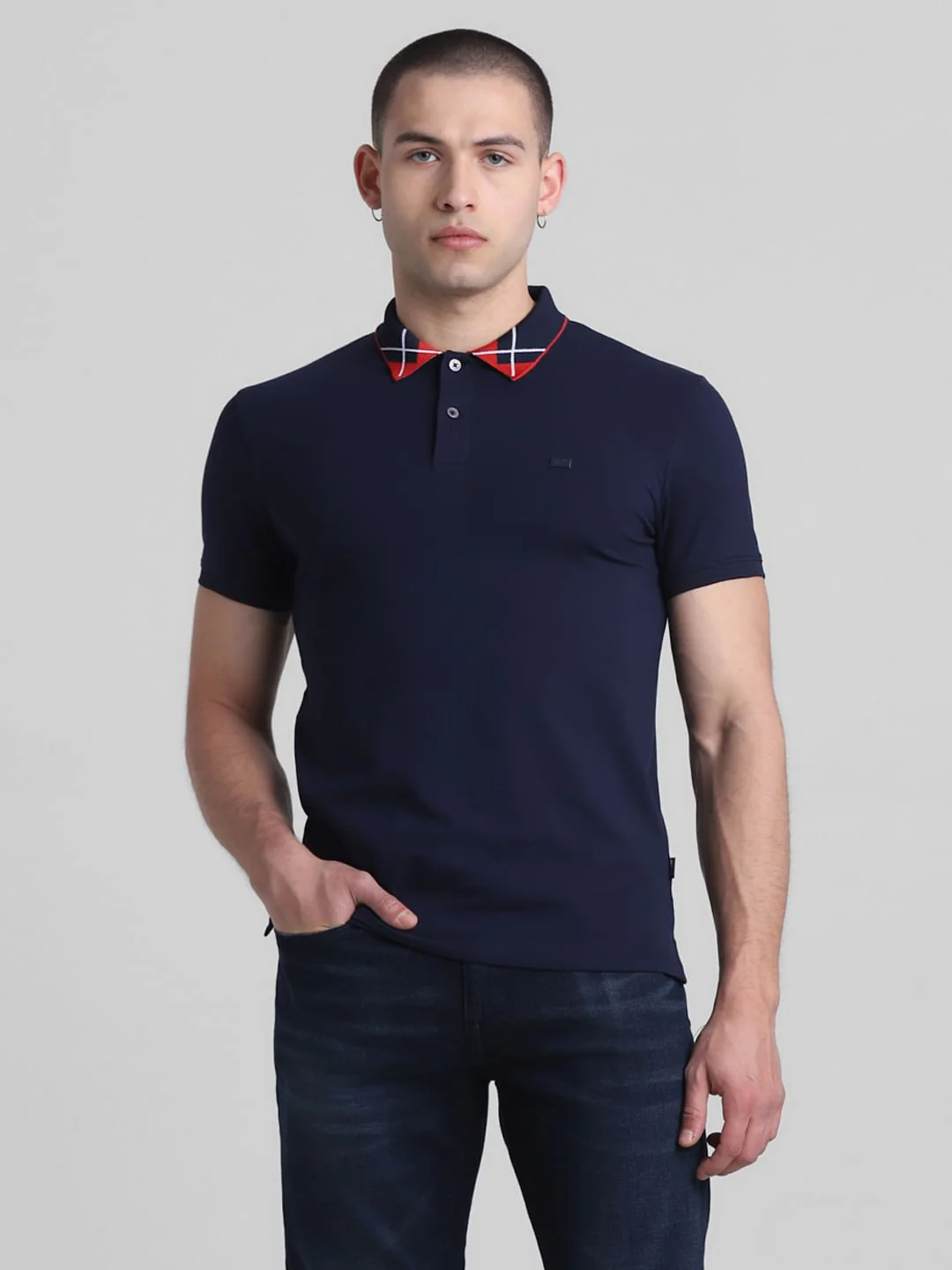 Navy Blue Jacquard Polo T-shirt - Image 2