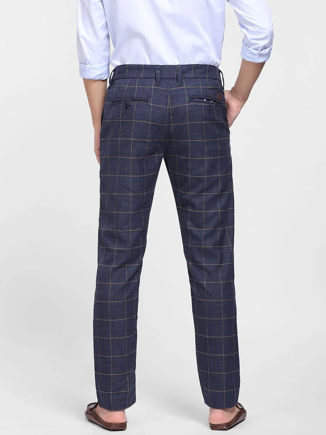 Navy Blue Mid Rise Check Trousers - Image 4