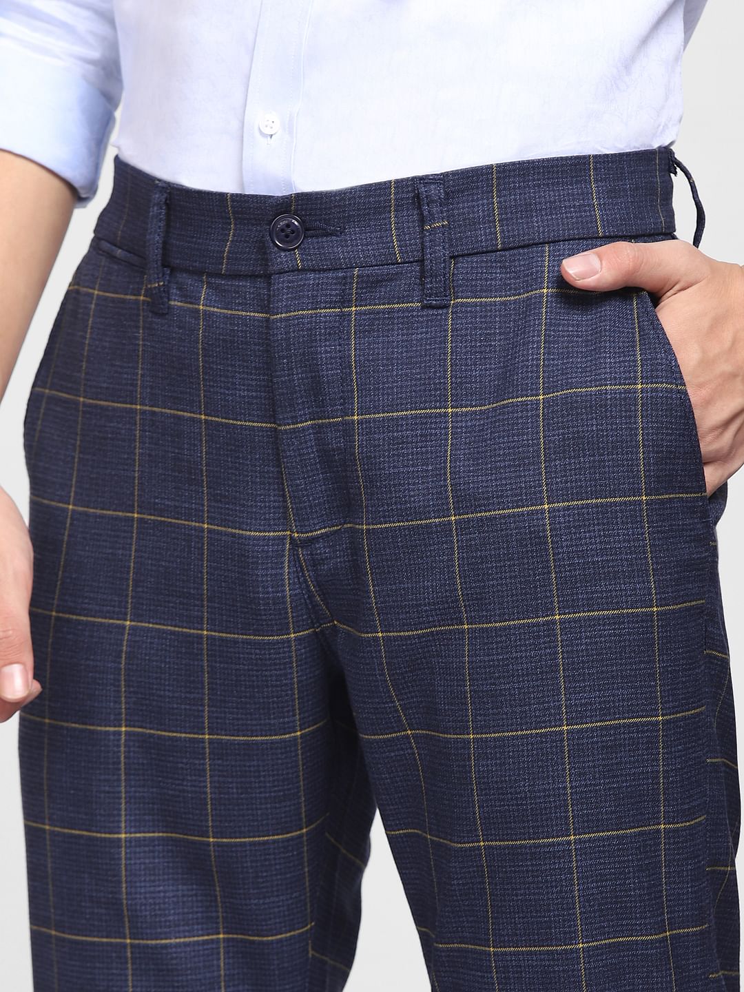 Navy Blue Mid Rise Check Trousers - Image 5