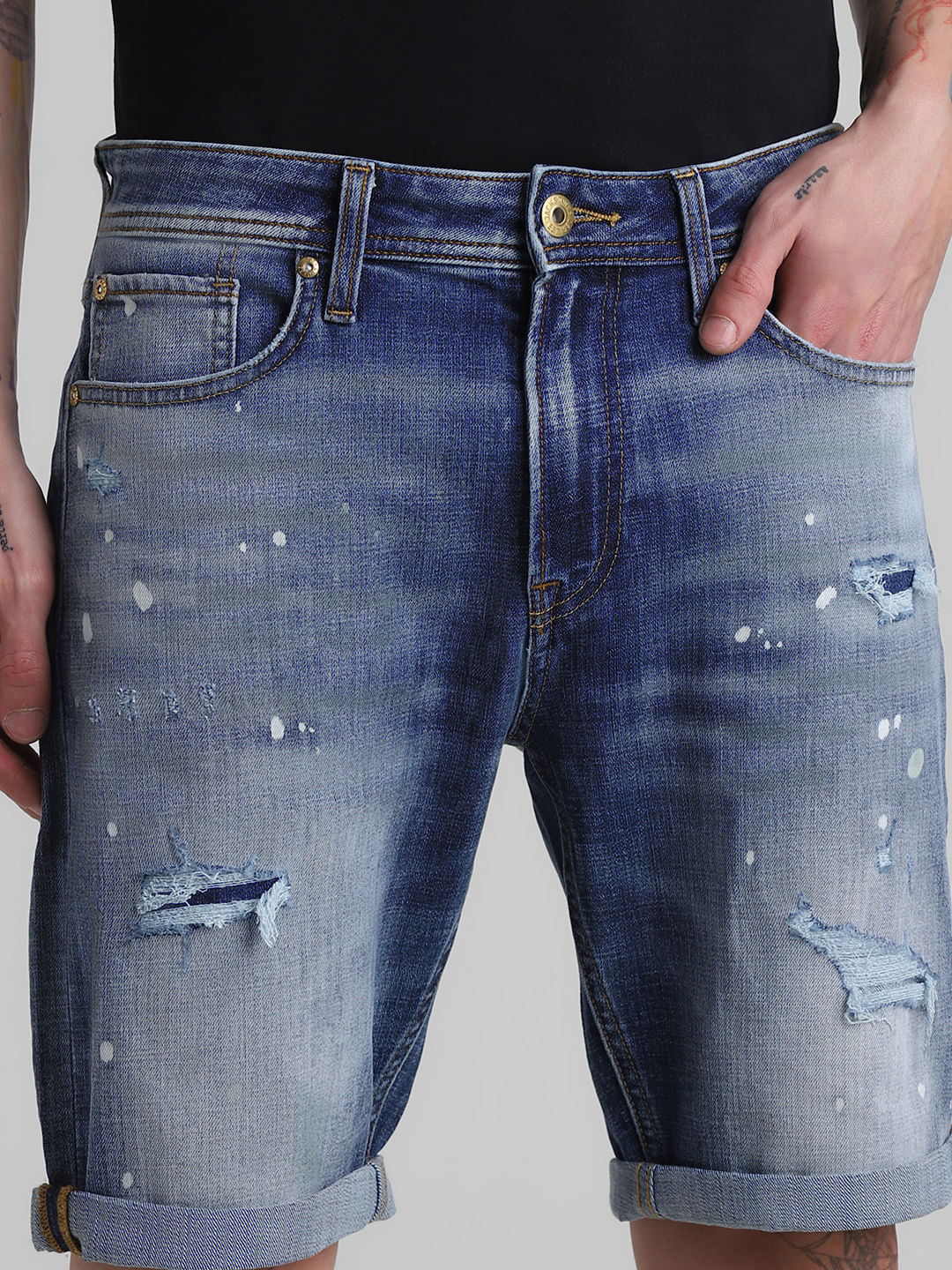 Blue Low Rise Distressed Denim Shorts - Image 4